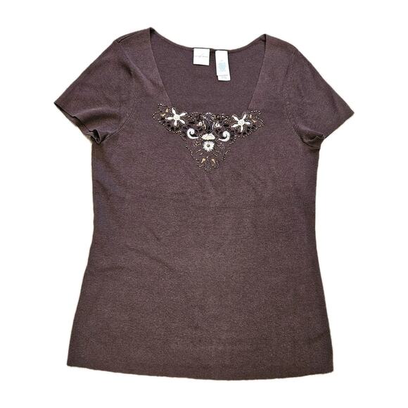 Vtg Y2K Embroidered Short Sleeve Sweater Top Womens M Brown Boho Babydoll Fairy - Picture 1 of 8